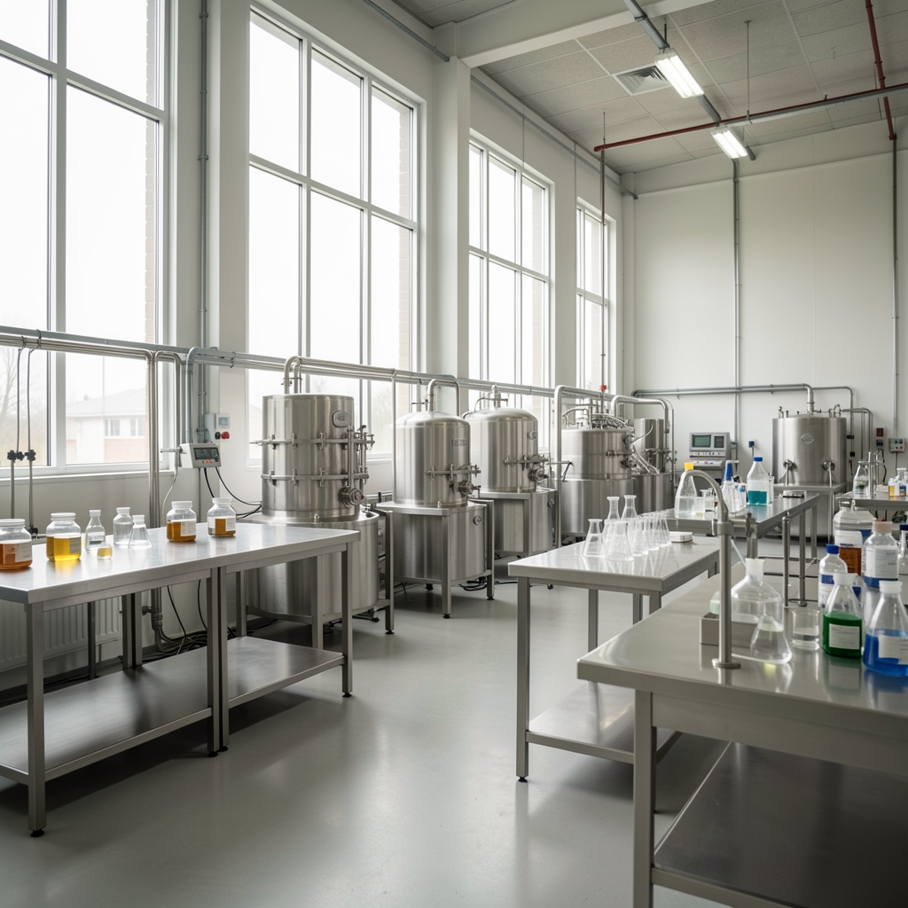 Wide angle view of a modern supplement production room with stainless steel surfaces and batch-coded storage containers under controlled lighting