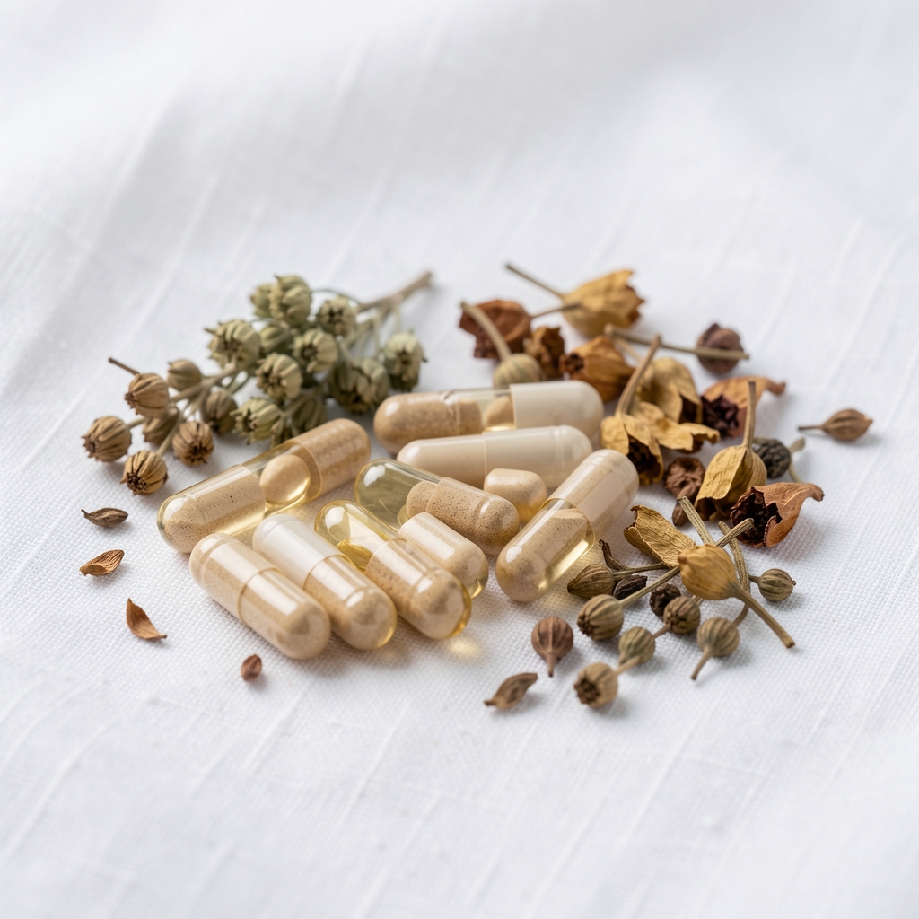 Close-up of natural supplement capsules and dried botanical ingredients arranged on a clean white linen surface with soft studio lighting