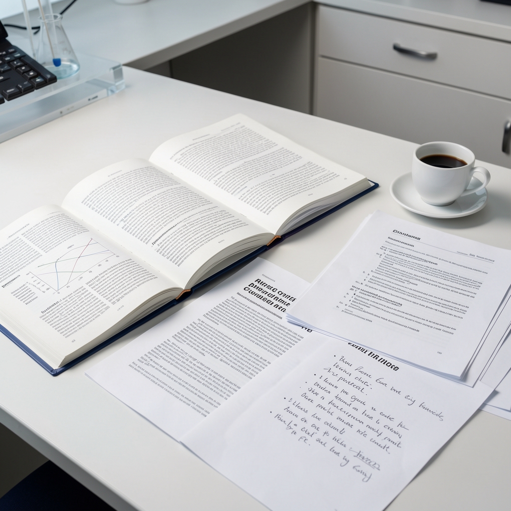 Open scientific journals and printed research papers spread across a clean research desk with a coffee cup and handwritten review notes under bright studio lighting