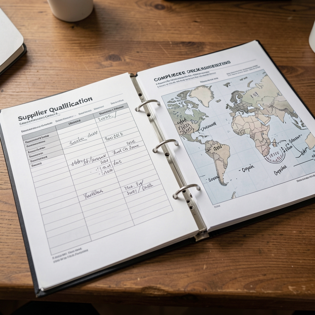 Supplier qualification binder open on a wooden desk showing printed compliance checklists and origin maps with handwritten annotations and date stamps