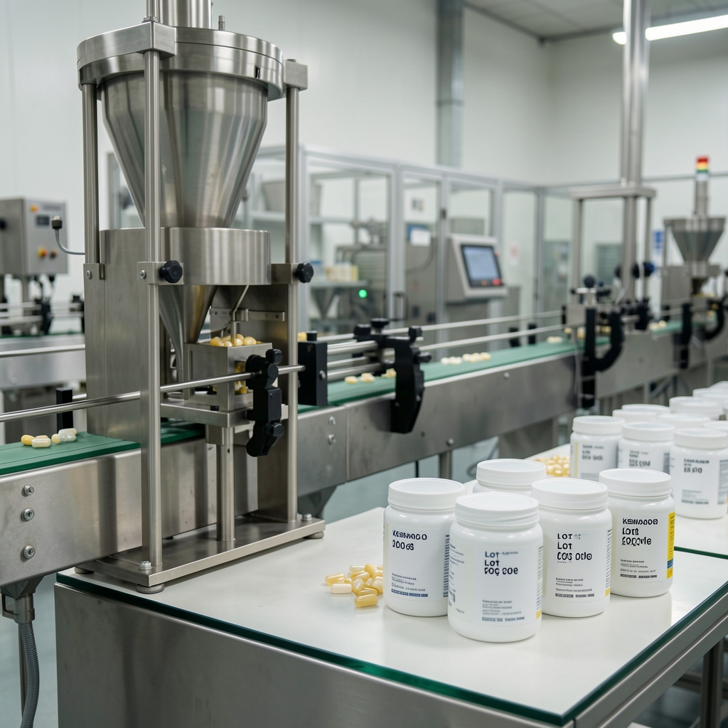 Close-up of supplement capsule production line at the Glodok facility with stainless steel filling equipment and labelled lot code containers on a clean workbench