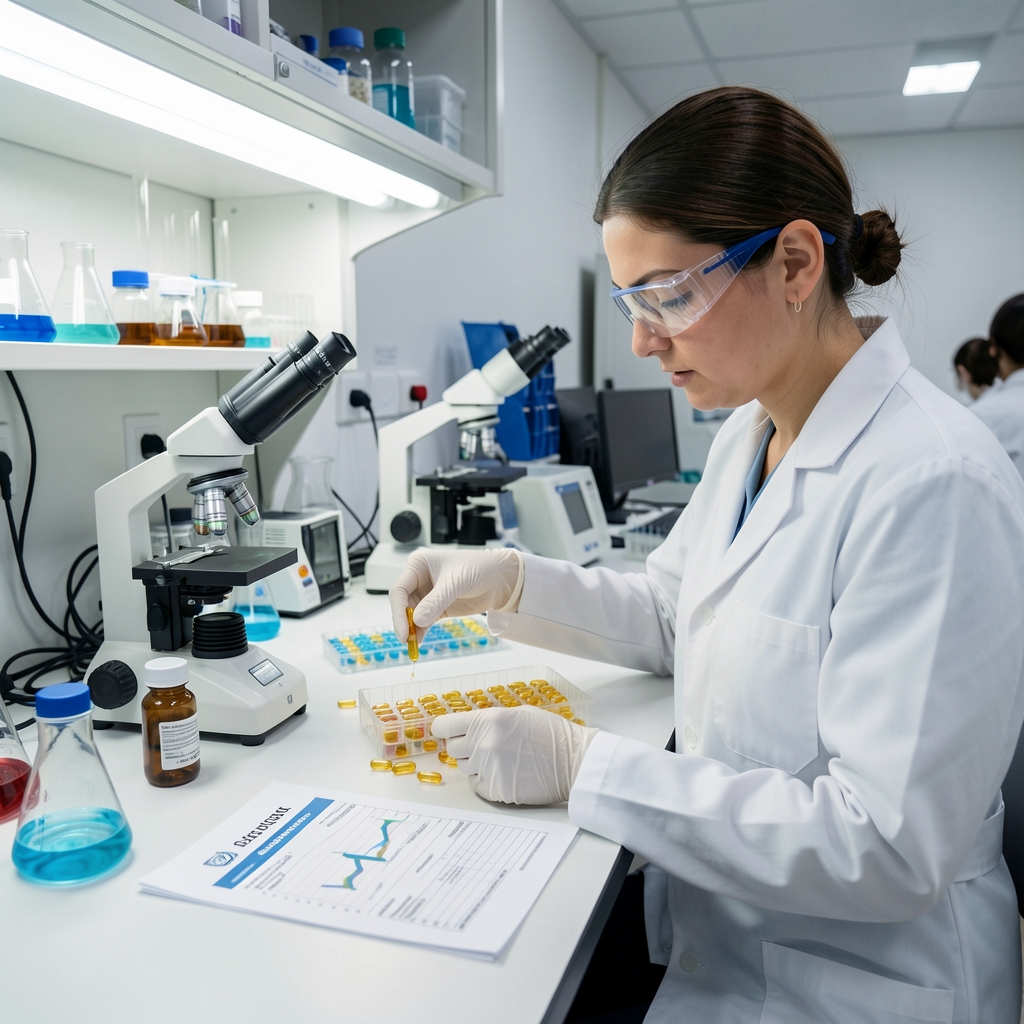 Laboratory technician in a clean workspace examining supplement capsule samples with testing equipment and printed analysis report visible on the bench under bright controlled lighting