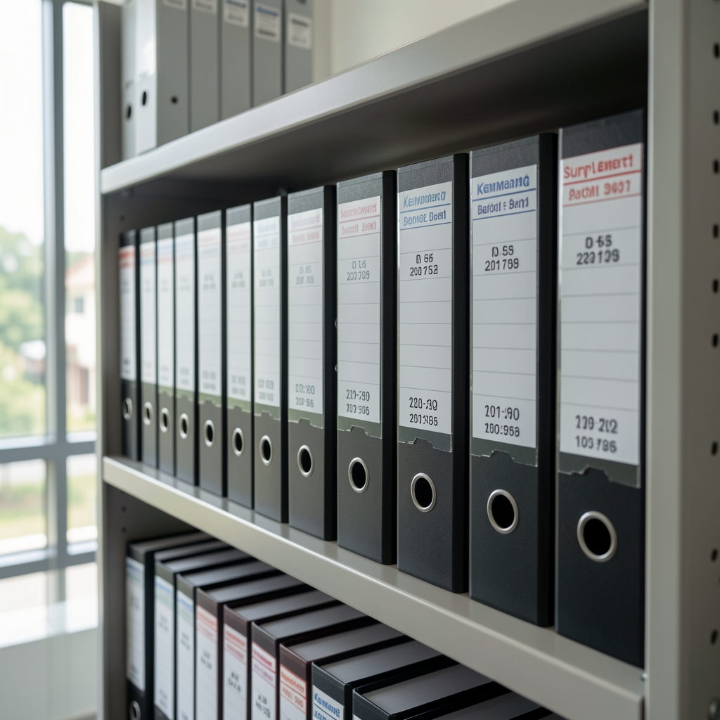 Neat rows of labelled supplement batch archive binders on a shelf in the Glodok facility office with date ranges visible on each spine and natural light from a nearby window