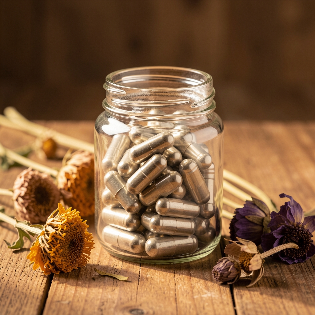 Glass jar of zinc and magnesium capsules placed on a wooden surface beside dried botanicals under warm studio lighting