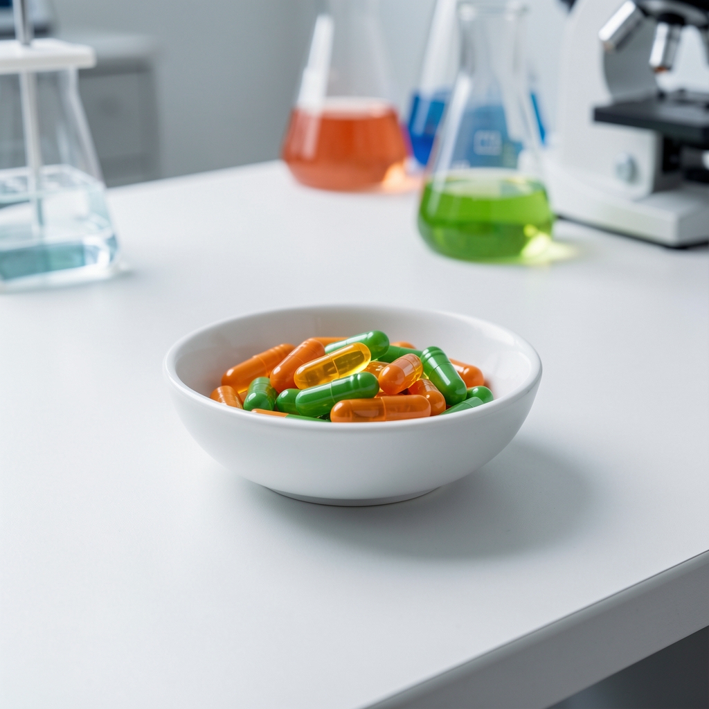 Orange and green supplement capsules in a white ceramic dish on a clean laboratory workbench with controlled lighting