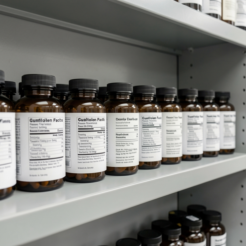 Row of amber supplement bottles on a light gray shelf with ingredient labels facing forward in a quality-control environment