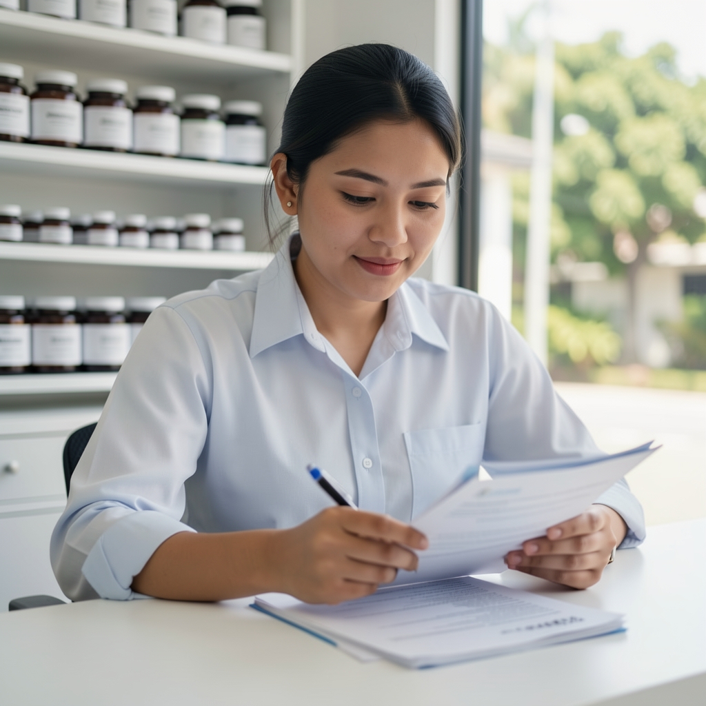 Brastel team member reviewing batch verification documents at a clean white desk in the Jakarta formulation studio with shelves of labelled supplement containers visible behind